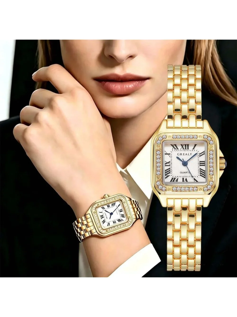 Women's Gold Roman Dial Bangle Stainless Steel 2 Bracelets Set Ladies Wristwatch